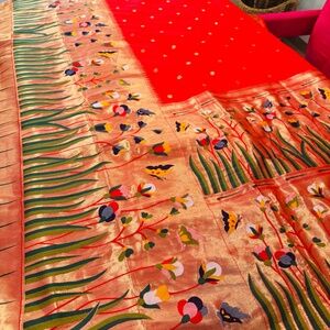 Beautiful red color zari woven paithani saree sari Bridal